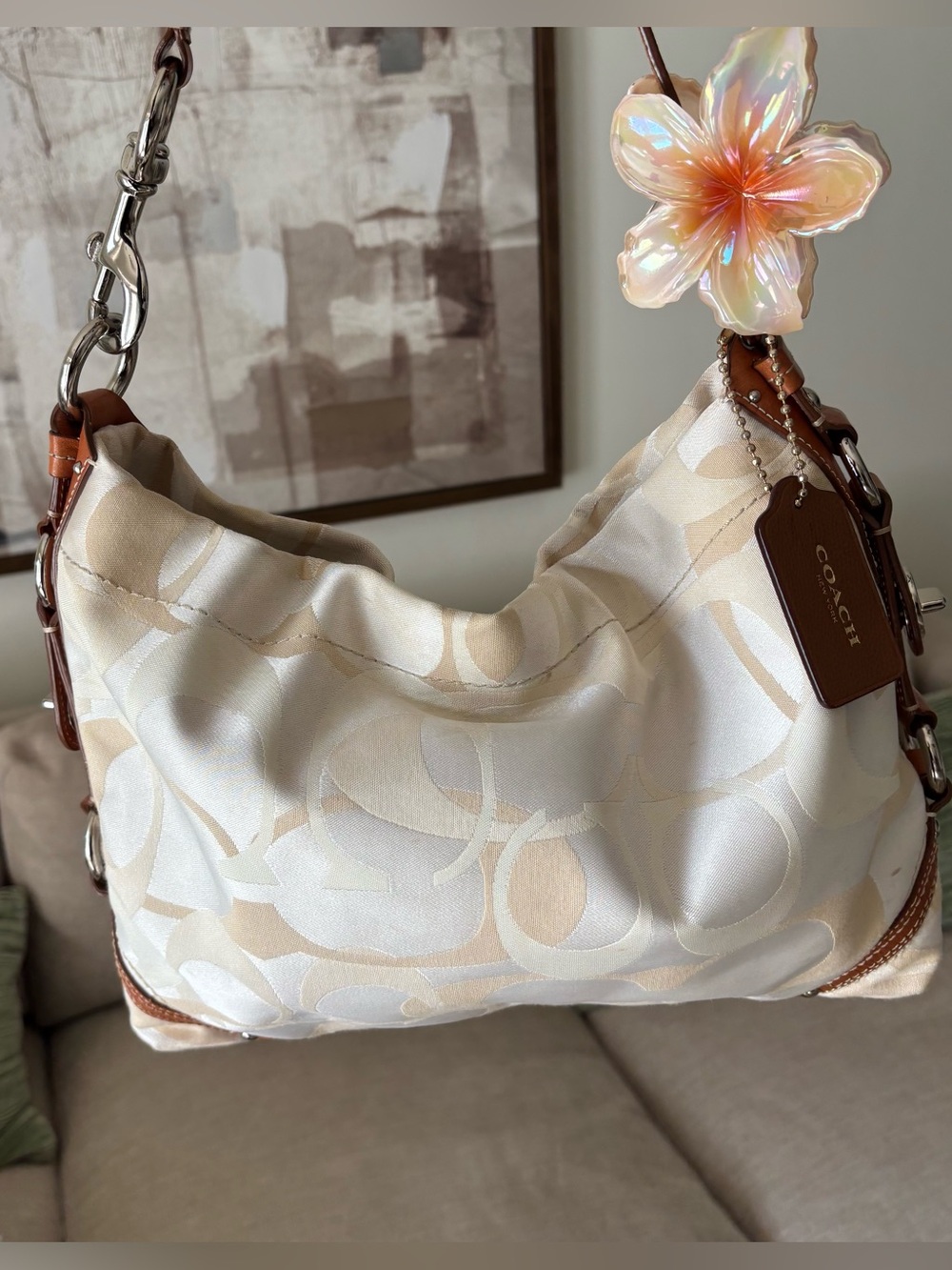 vintage Coach Signature Carly Hobo Bag in an off-white and tan jacquard signatur